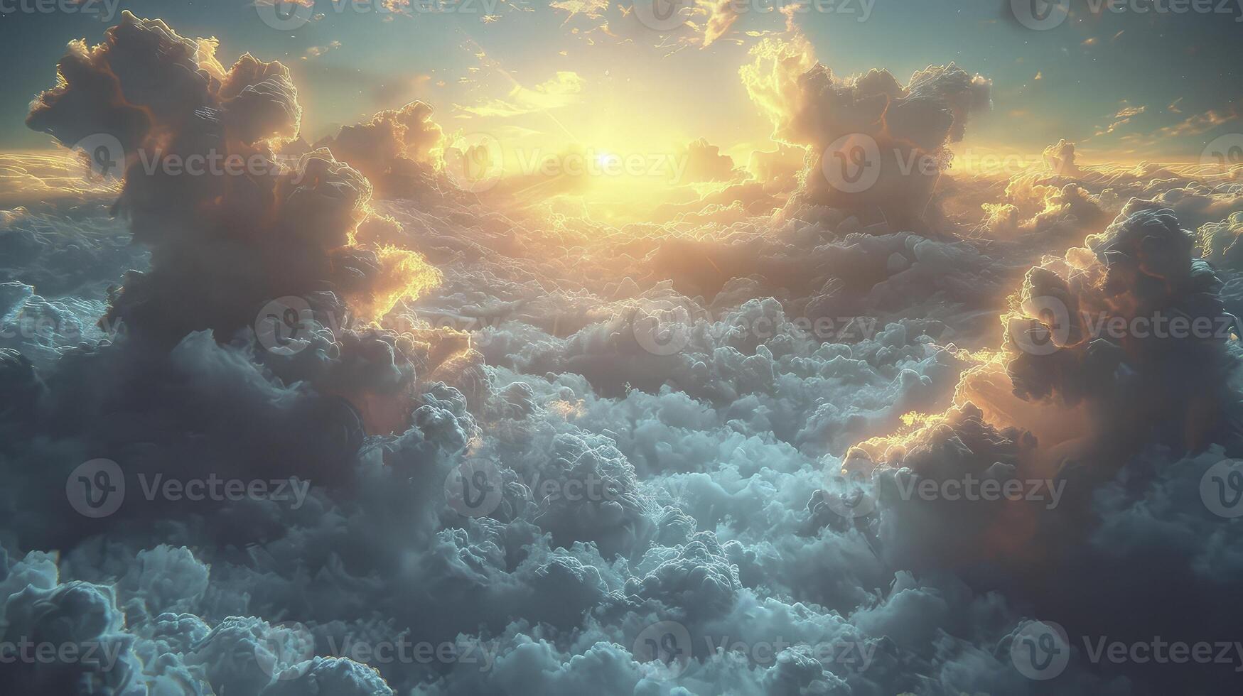 AI generated a bright sky with wisps of Stratocumulus clouds covering the sky, providing an interesting contrast. photo