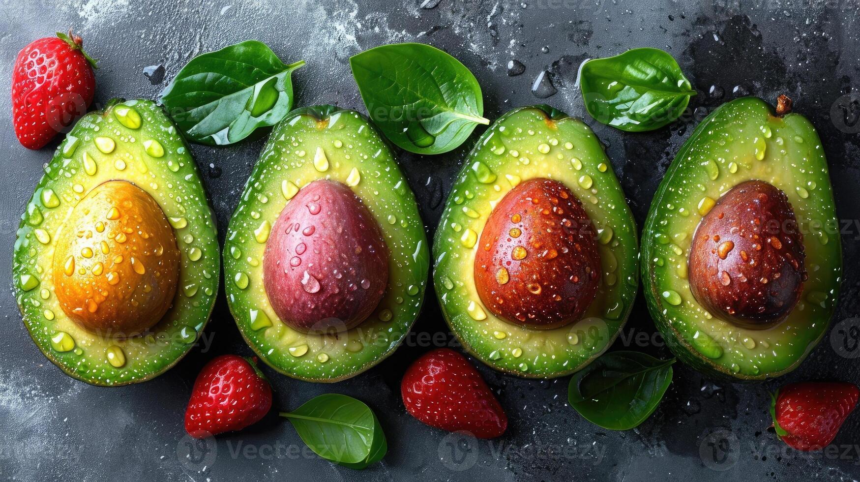 AI generated Beautiful cuts of avocado, a creative layout to emphasize the fruit's softness and deliciousness, a few drops of water. photo