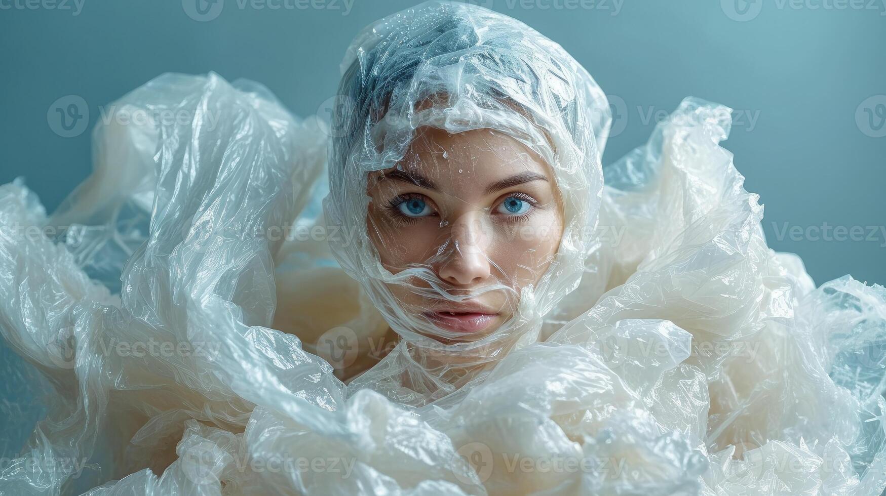 AI generated Surrealism illustration of a woman wrapped in plastic. Limitations of Expression. Loss of Identity or Equality. The Symbolism of Clarity and Obscurity photo
