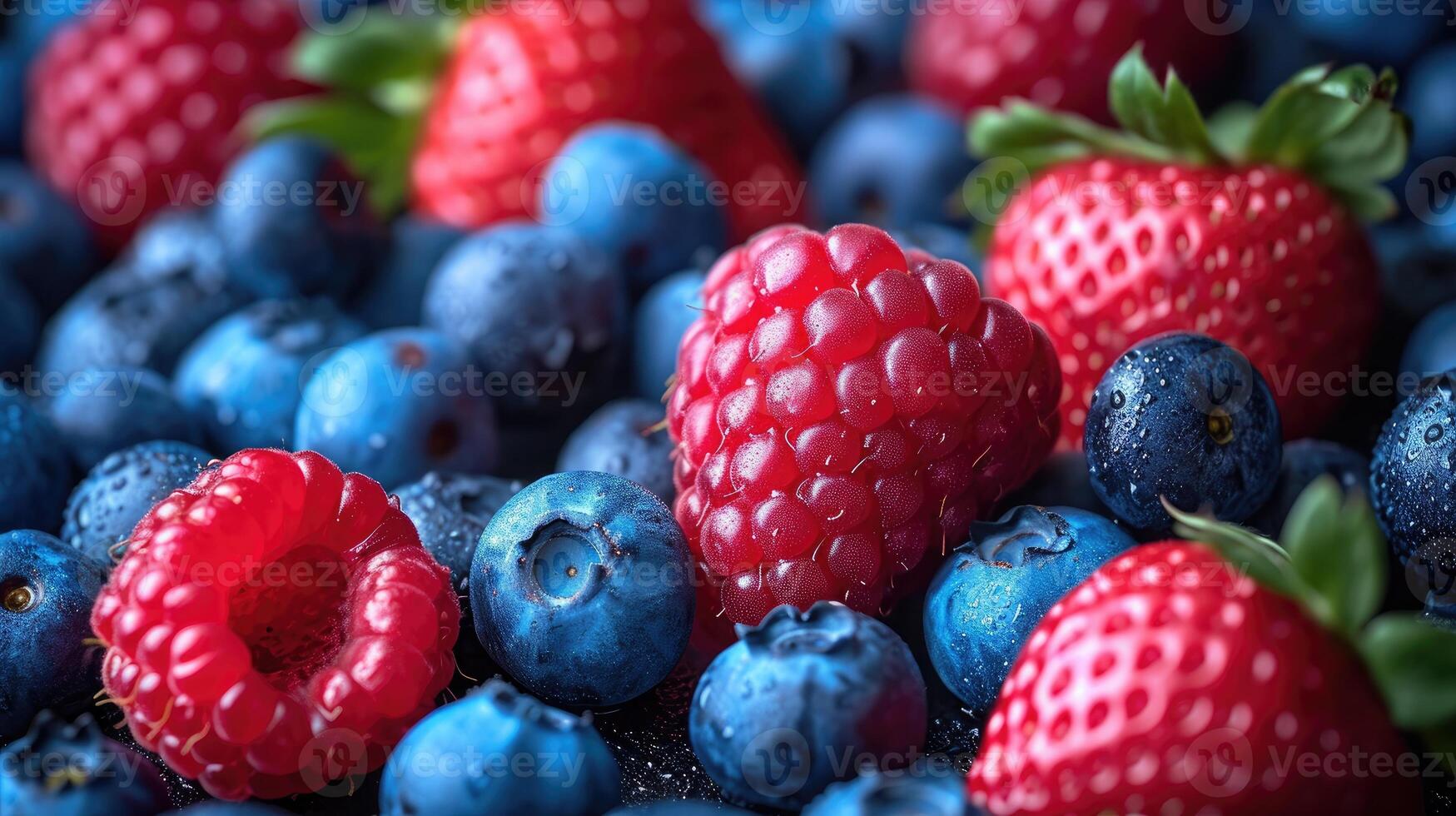 AI generated Mix of berries such as strawberries, blueberries, and raspberries arranged artfully for a burst of color background. photo