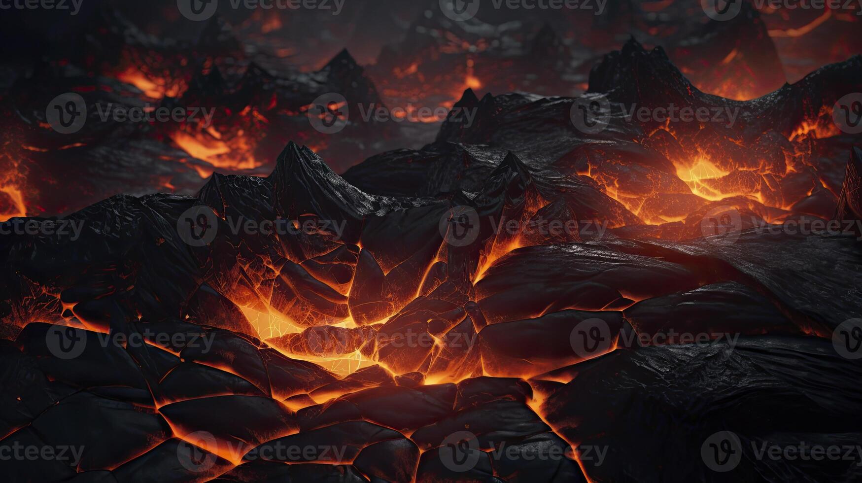 AI generated Dry black lava, there is liquid lava flowing between the many cracks. tense atmosphere in the dark. there was a thin layer of smoke in between. 3D Render illustration photo