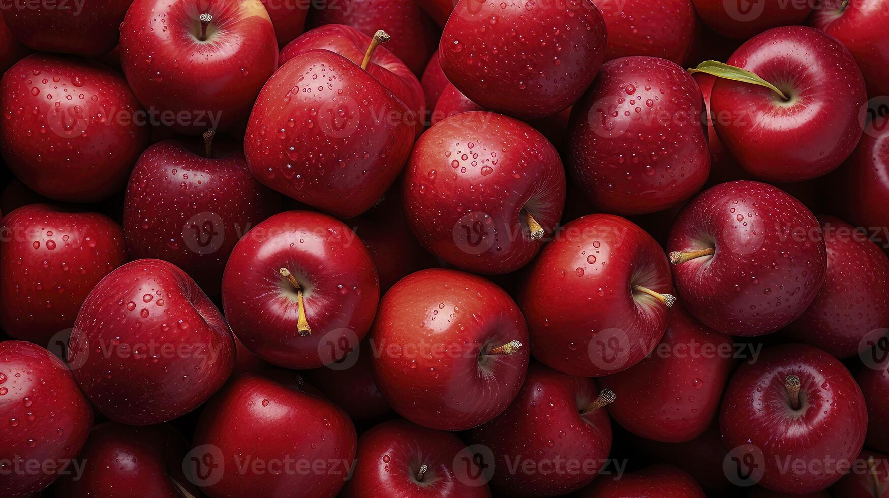 AI generated Red apples background, wet with water droplets, are piled into a large container and photographed from above. photo