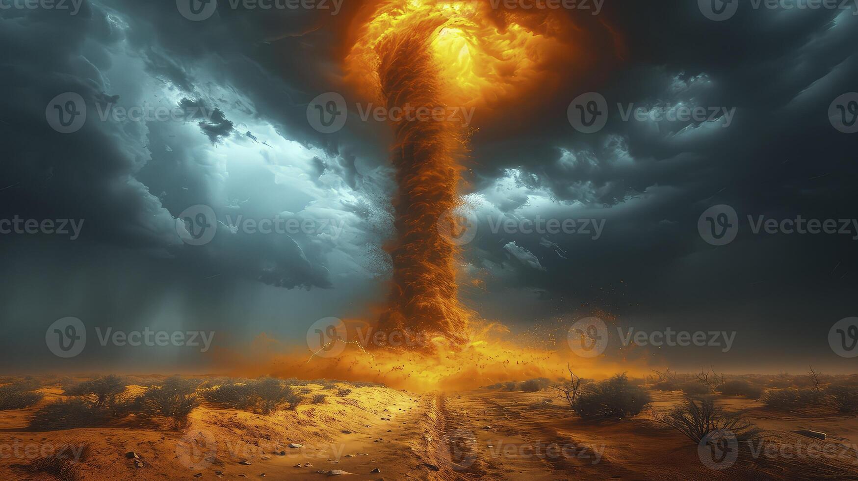 AI generated The sky was dark with thunder rumbling, as a sand tornado crossed the desert. photo