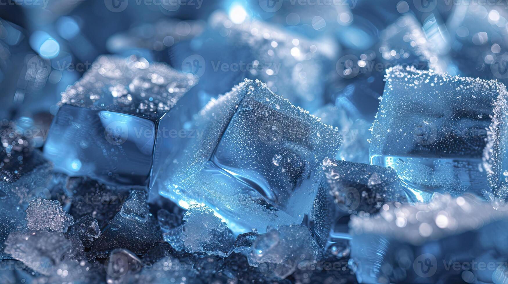 AI generated Close-Up view Sparkling Ice Cubes on the Table photo