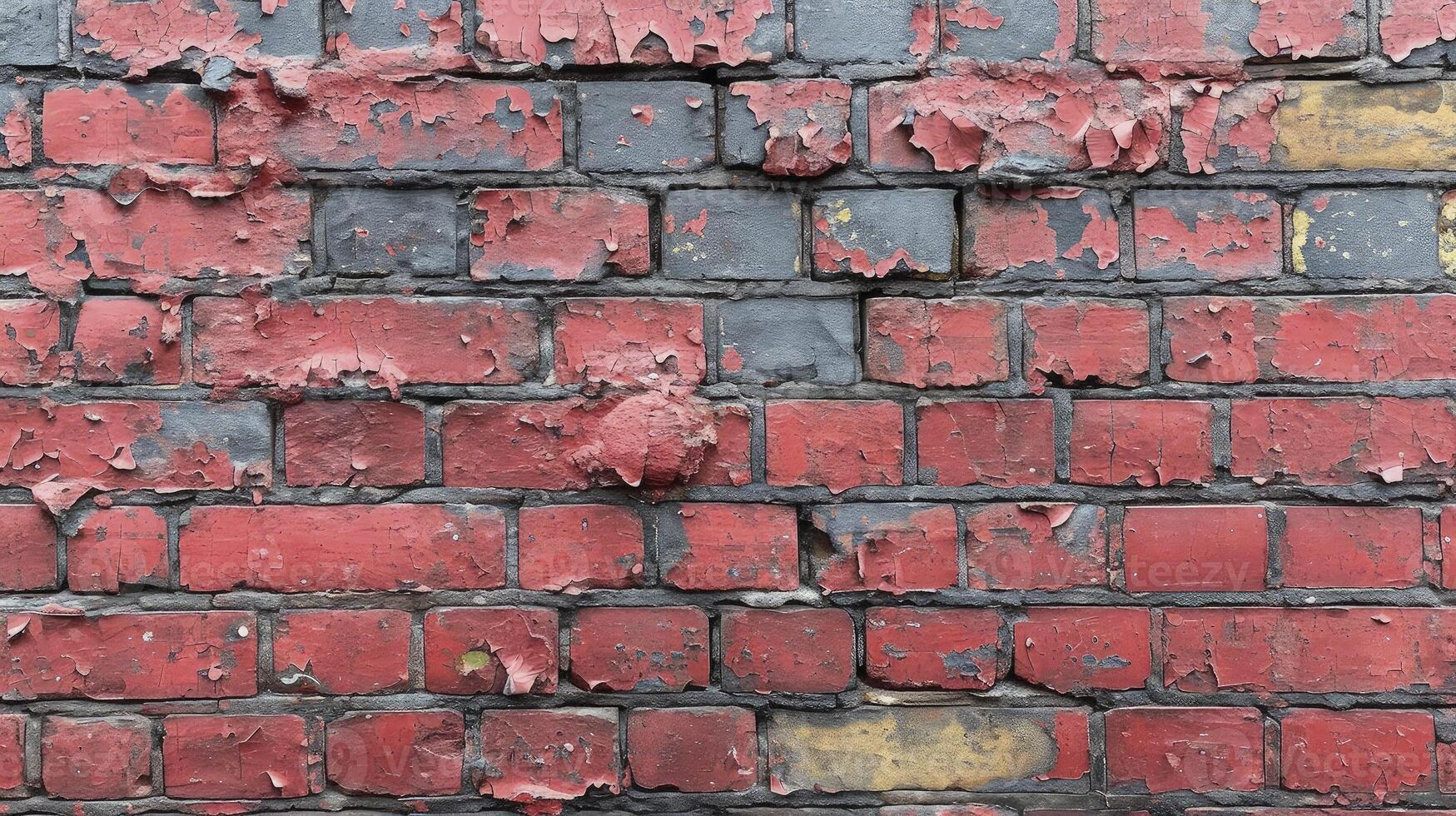 AI generated Weathered, Stained, and Deteriorating Red Brick Wall Background. photo