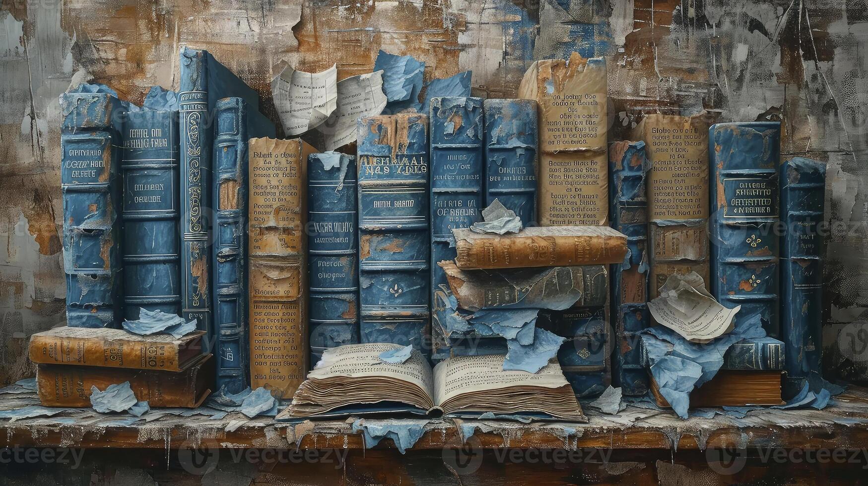 AI generated Pile of old parchment paper and vintage texture background of old damaged books. photo