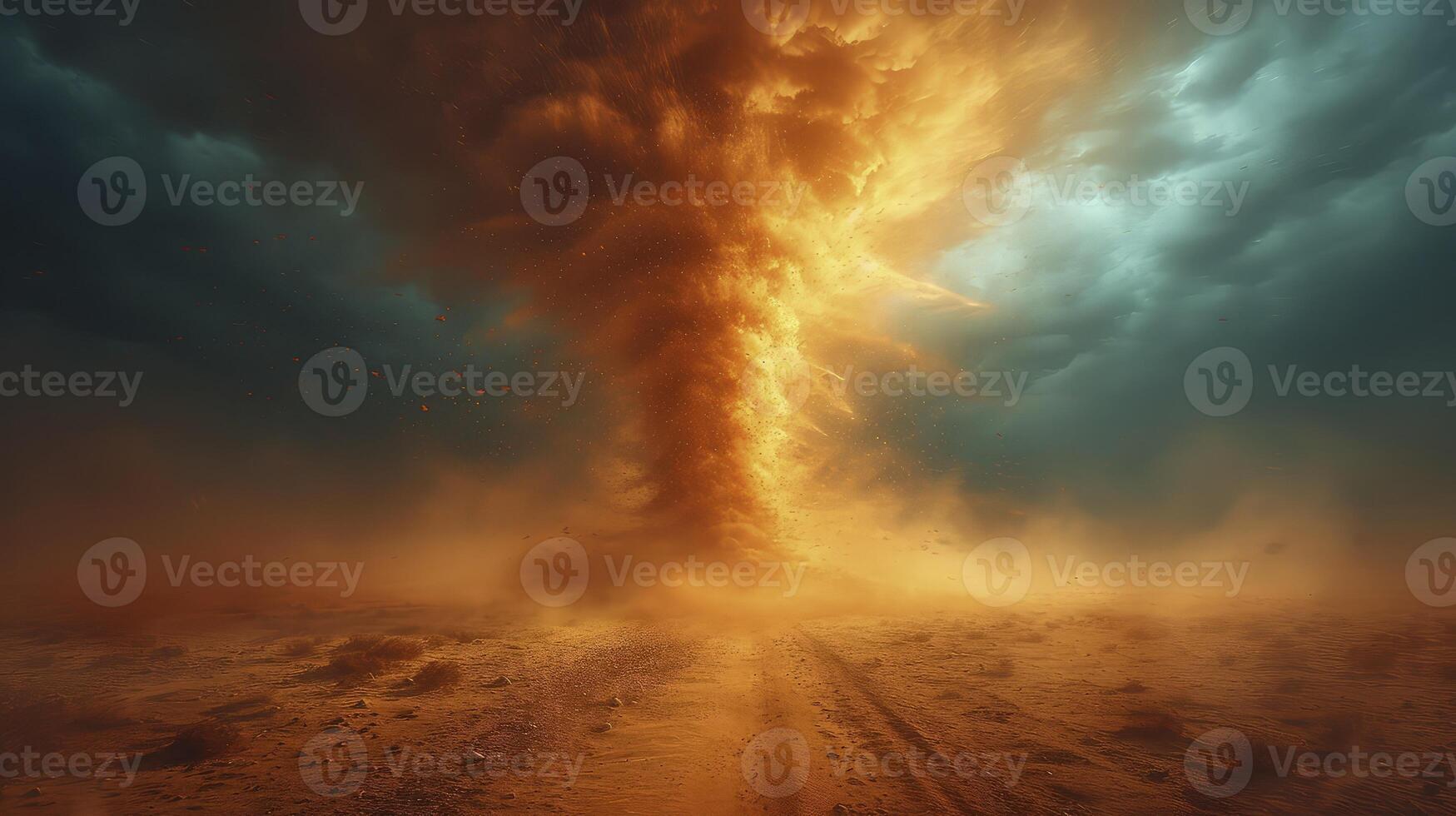 AI generated a sand tornado in the middle of a bright desert during the day, with sand passing through the air. photo