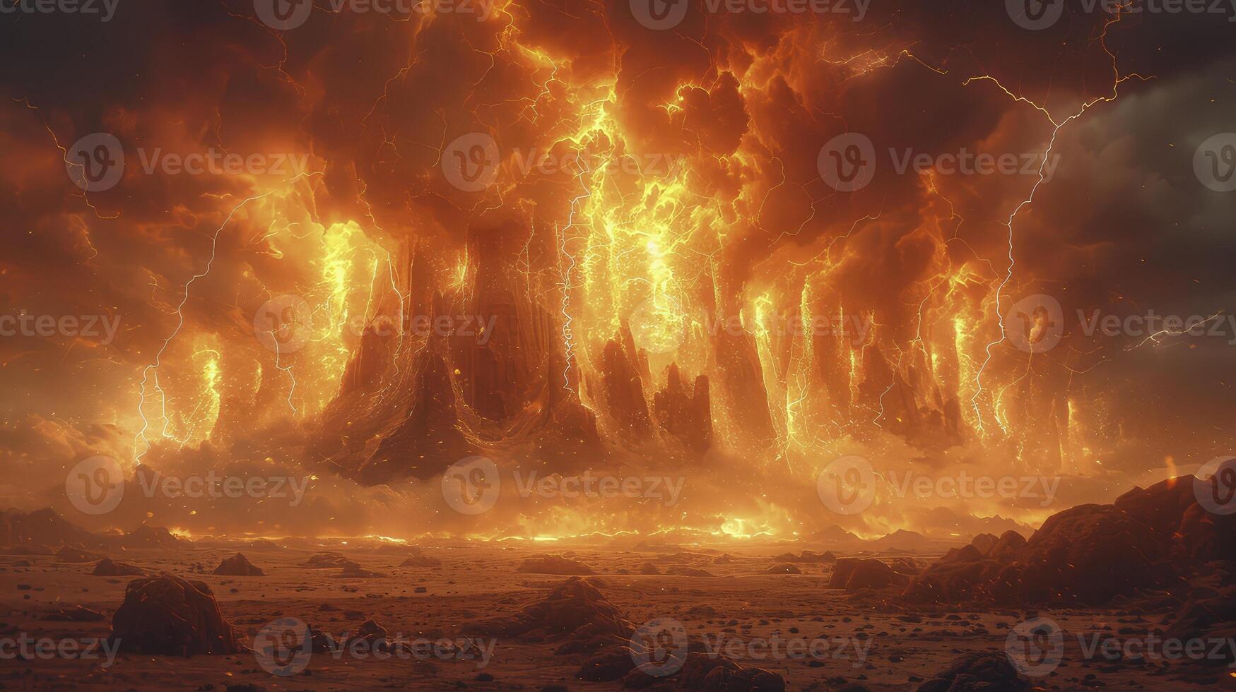 AI generated a dramatic atmosphere with sand tornadoes in the desert at night, illuminated by fiery lightning bolts. photo
