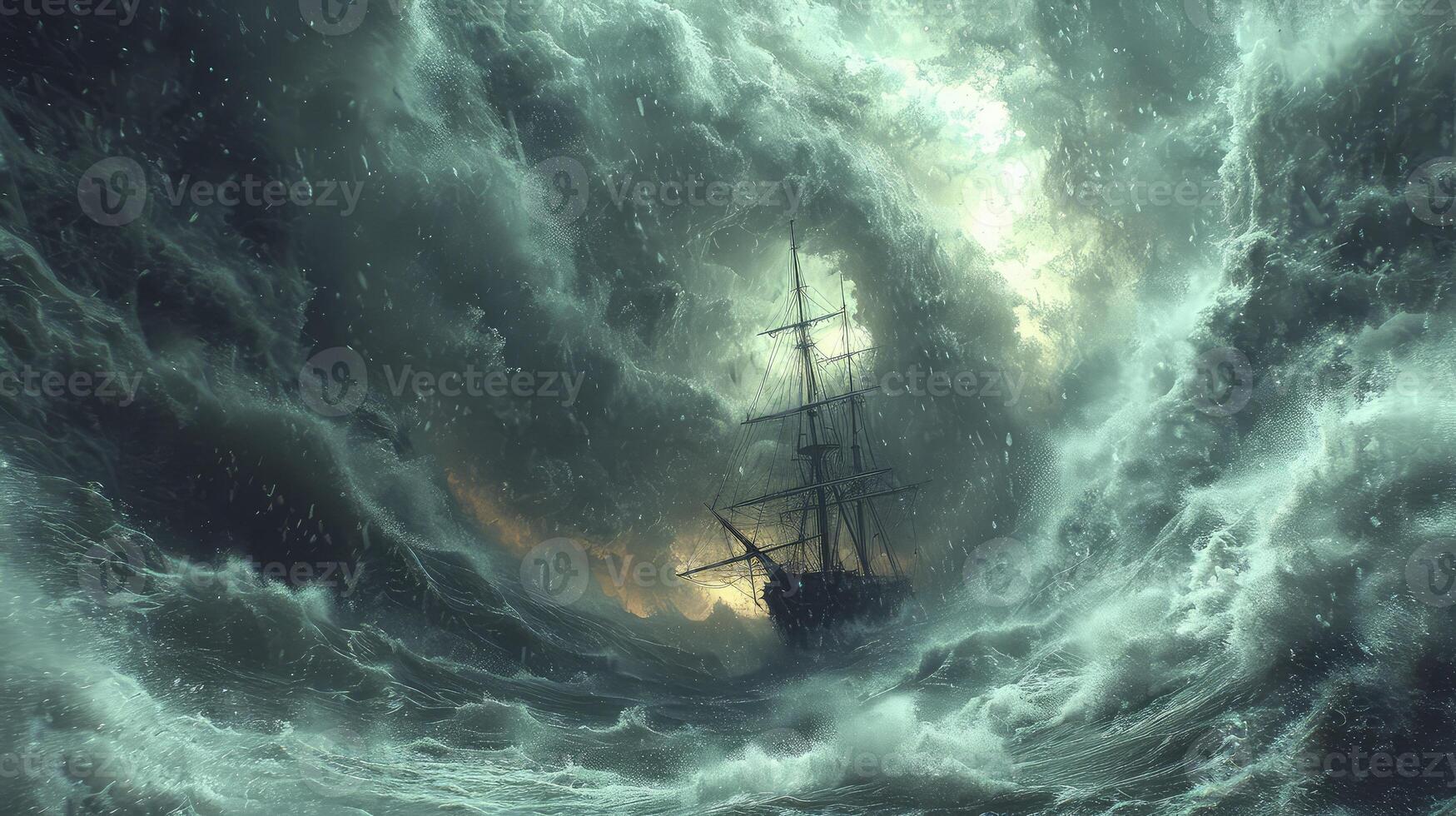 AI generated a tornado storm at sea with a ship bobbing amidst huge waves. photo