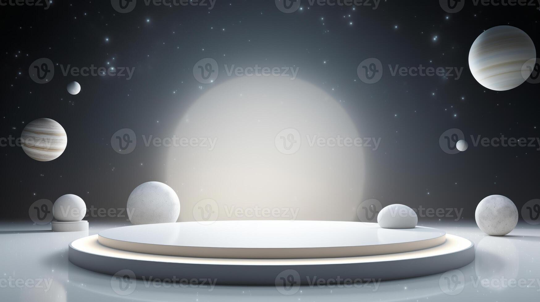 AI generated An empty white podium against the backdrop of dark outer space. for product display, Blank showcase, mock up template or cosmetic presentation. photo