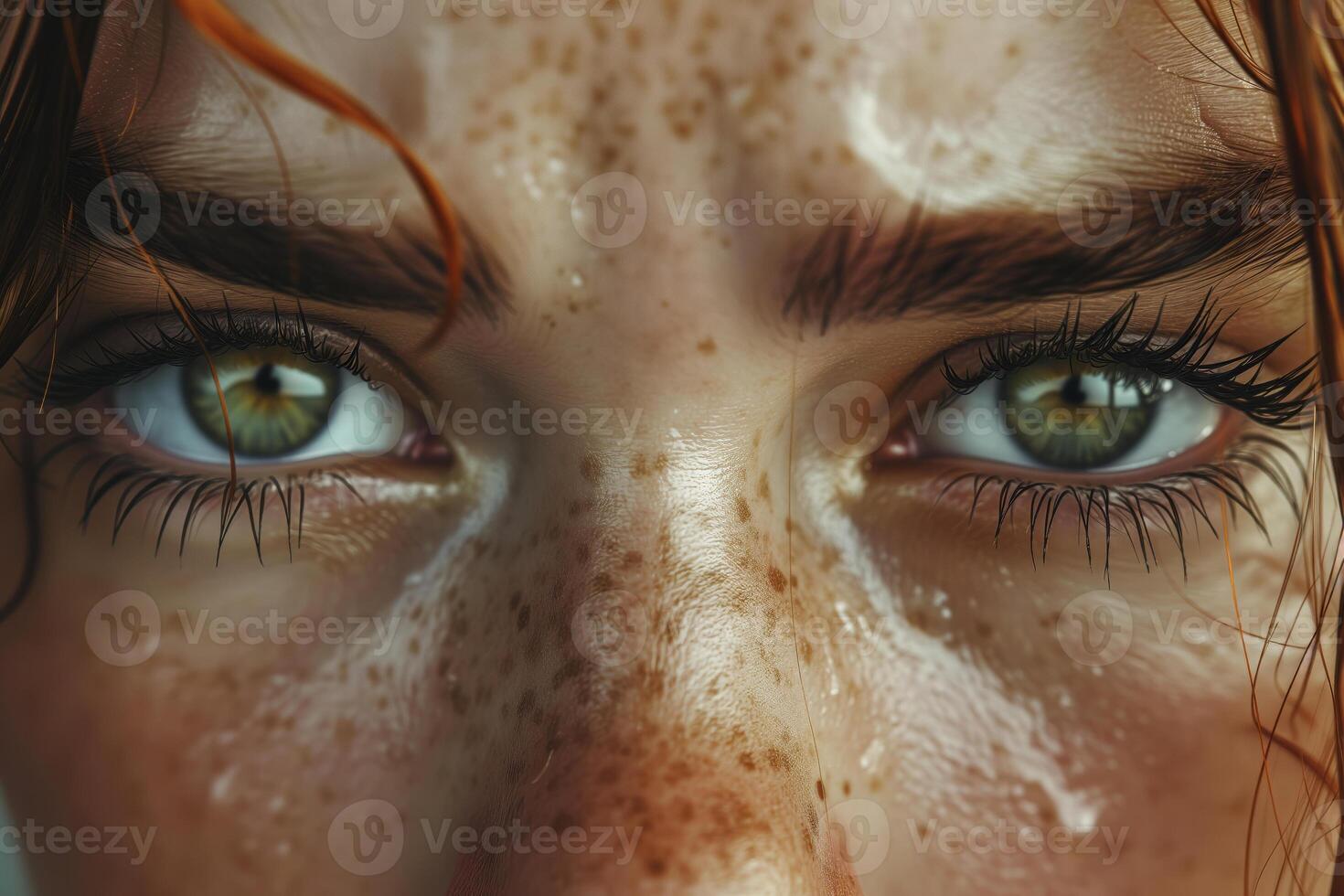 AI generated Close-up portrait of a beautiful woman showcasing her mesmerizing green eyes, reflecting profound sorrow and heartbreak photo