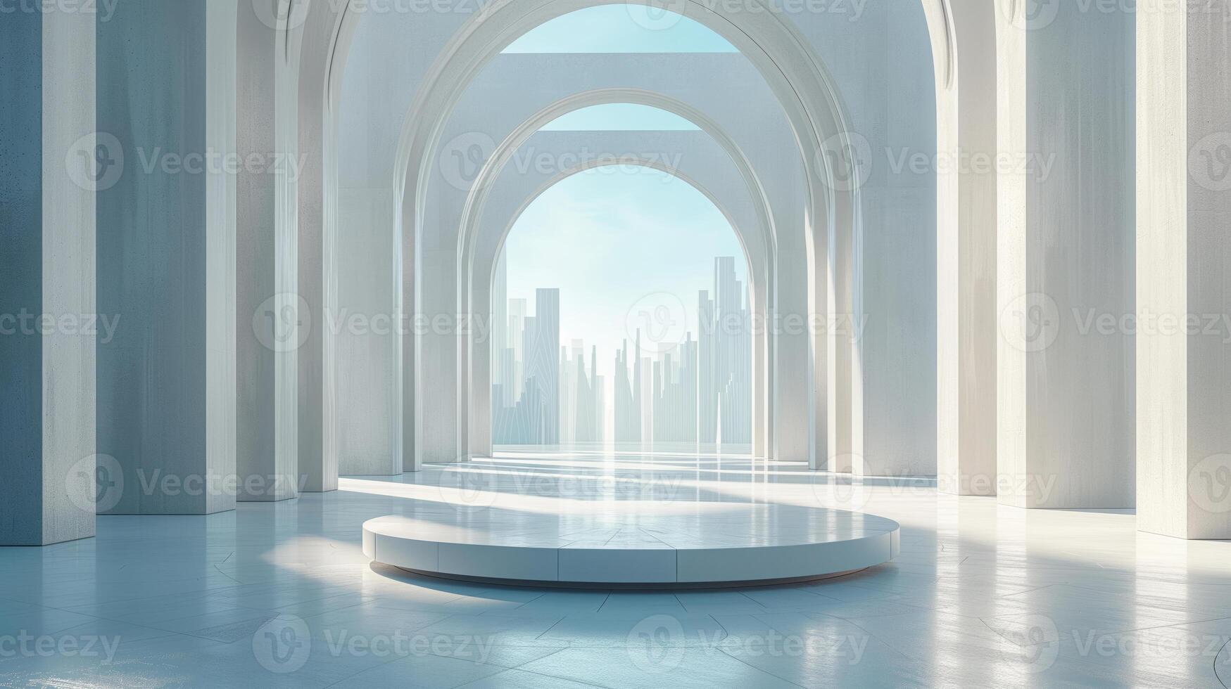empty white round podium with silhouettes of futuristic skyscrapers, illustrating urban architecture and business districts against the sky photo