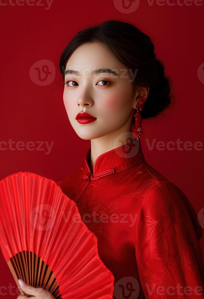 AI generated beautiful asian woman wearing chinese cheongsam and holding fan. photo