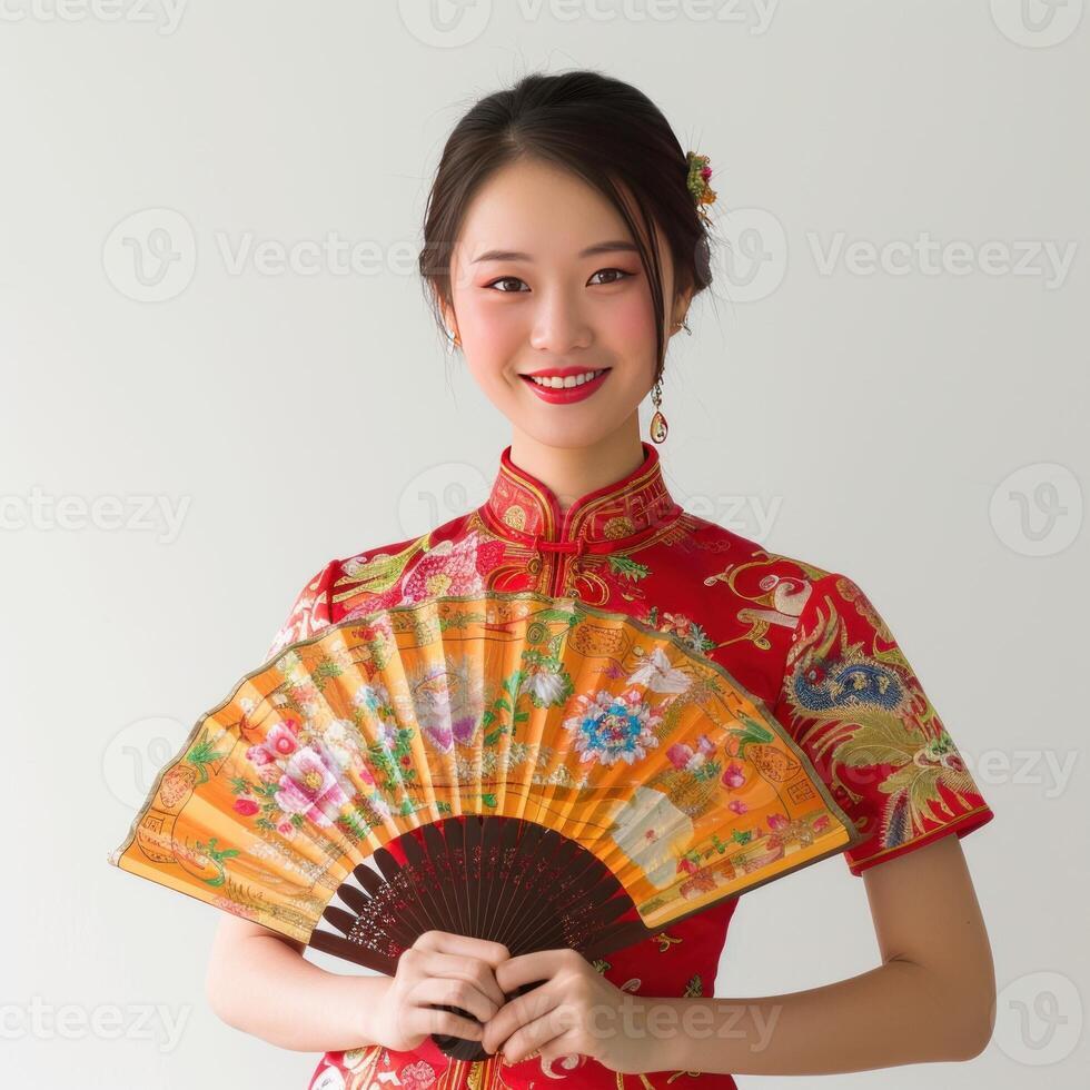 AI generated Beautiful asian girl in traditional chinese costume with fan. photo