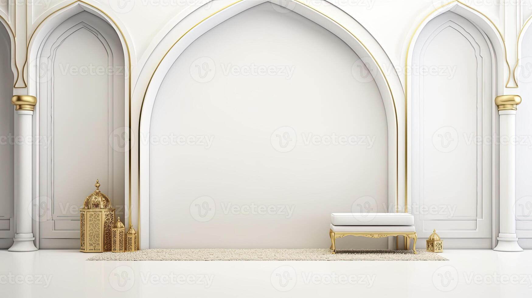 AI generated Ramadan background all white, gold accents. minimalism 3d rendering photo