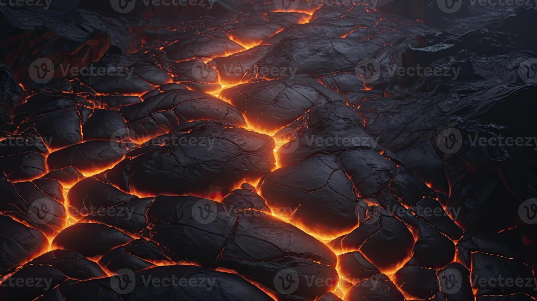 AI generated Dry black lava, there is liquid lava flowing between the many cracks. tense atmosphere in the dark. there was a thin layer of smoke in between. 3D Render illustration photo