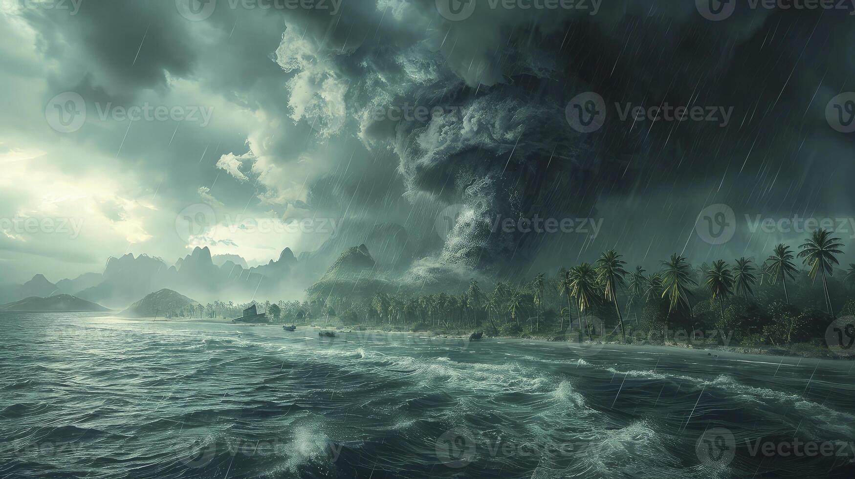 AI generated a tornado storm in the ocean with a tropical island in the distance, creates a contrast between the beauty of nature and the danger of the storm. photo