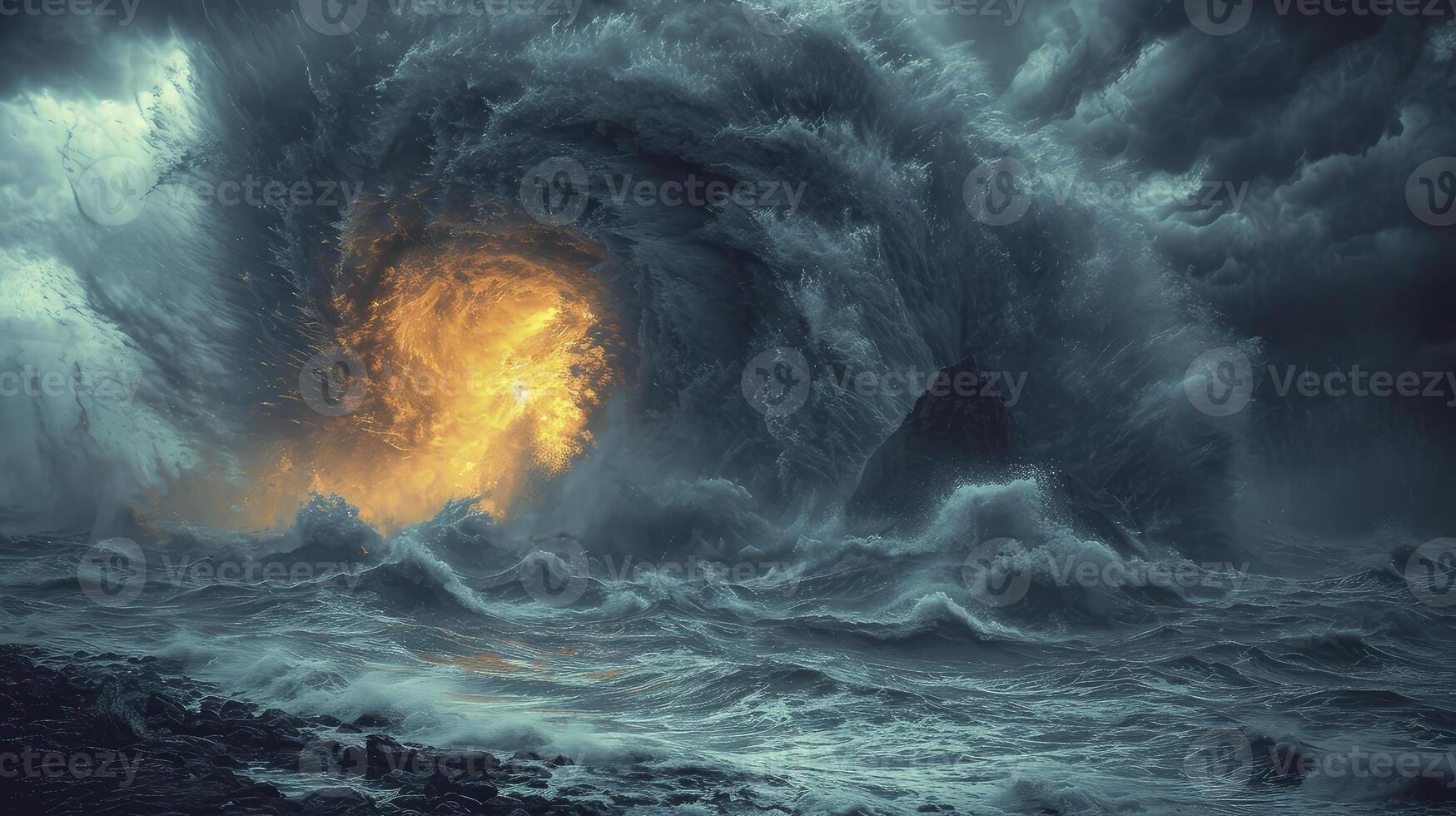 AI generated a tornado storm in the ocean and the silhouette of a volcanic island protruding in the distance. photo