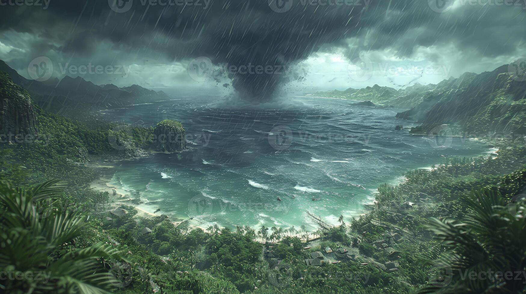 AI generated a tornado storm in the ocean with a tropical island in the distance, creates a contrast between the beauty of nature and the danger of the storm. photo