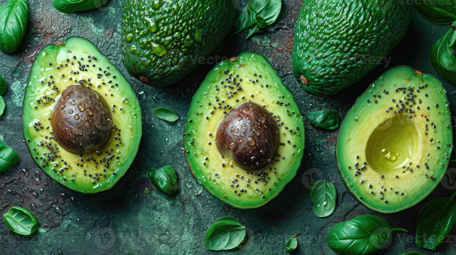 AI generated Beautiful cuts of avocado, a creative layout to emphasize the fruit's softness and deliciousness, a few drops of water. photo