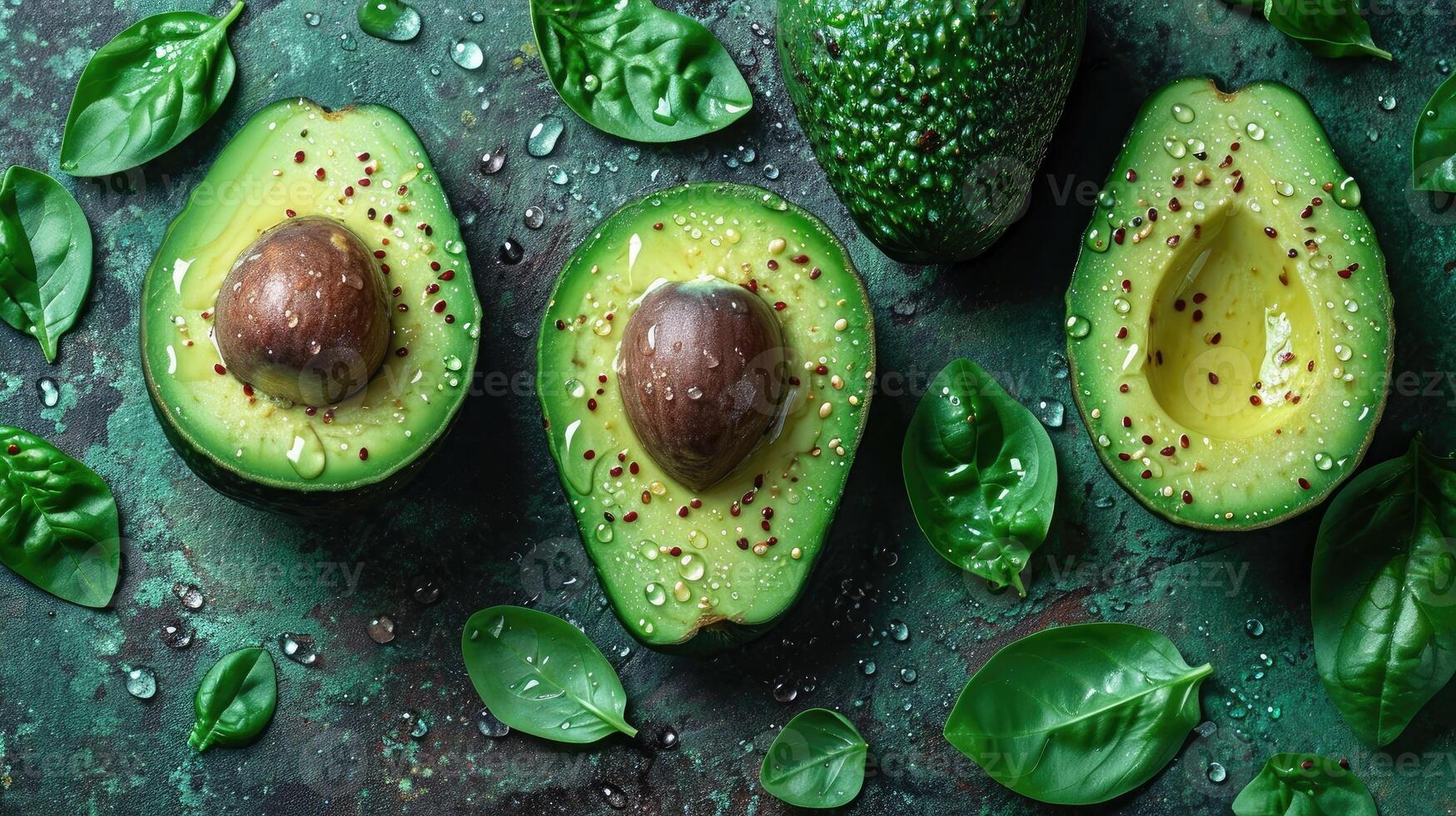 AI generated Beautiful cuts of avocado, a creative layout to emphasize the fruit's softness and deliciousness, a few drops of water. photo