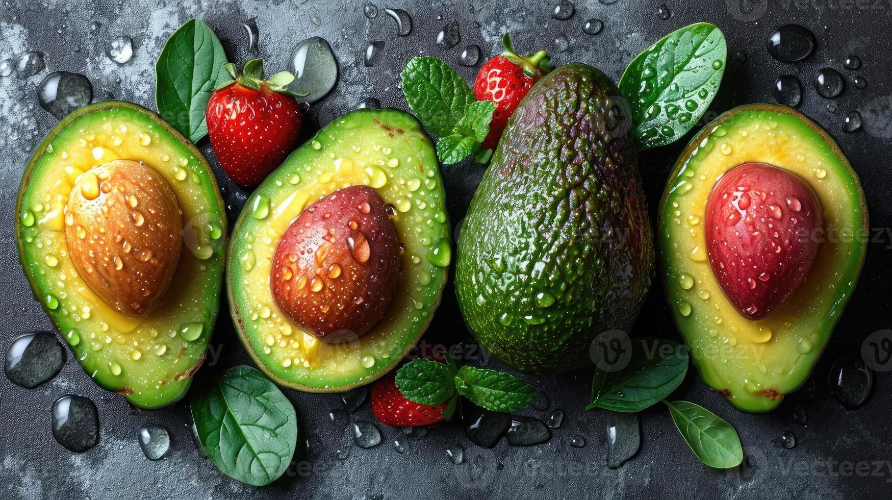 AI generated Beautiful cuts of avocado, a creative layout to emphasize the fruit's softness and deliciousness, a few drops of water. photo