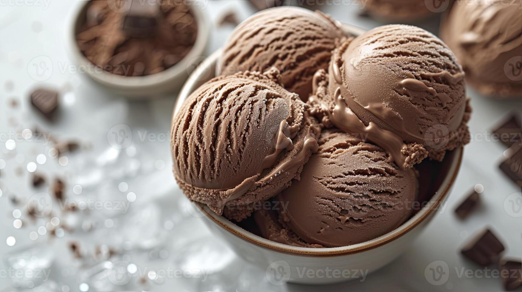 AI generated Delicious chocolate ice cream with ice cubes and choco chips, sweet dessert background. photo