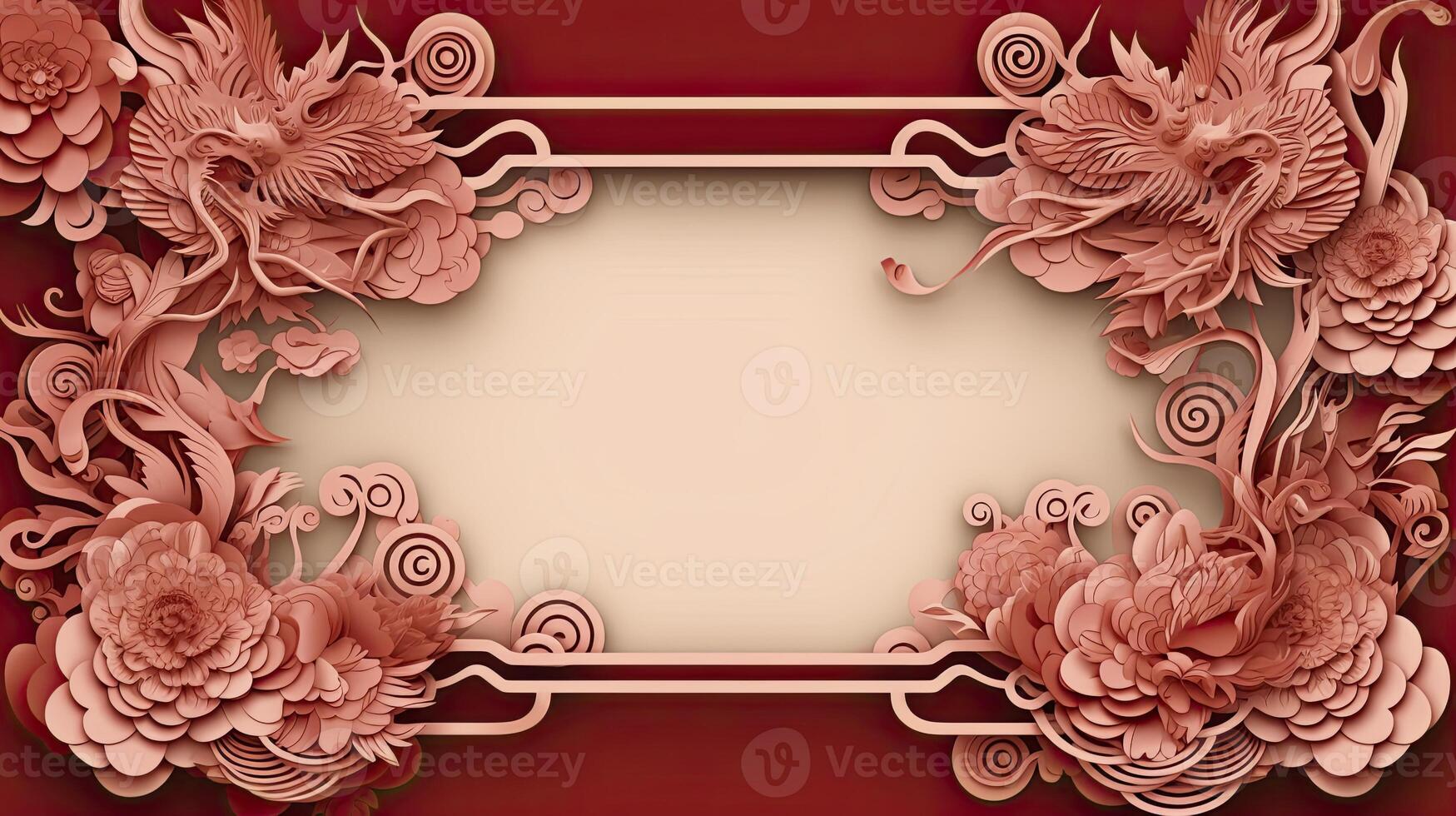 AI generated Chinese New Year theme plain background with dragon sign, typical Chinese frames on each side. luxury style of paper cut art. photo