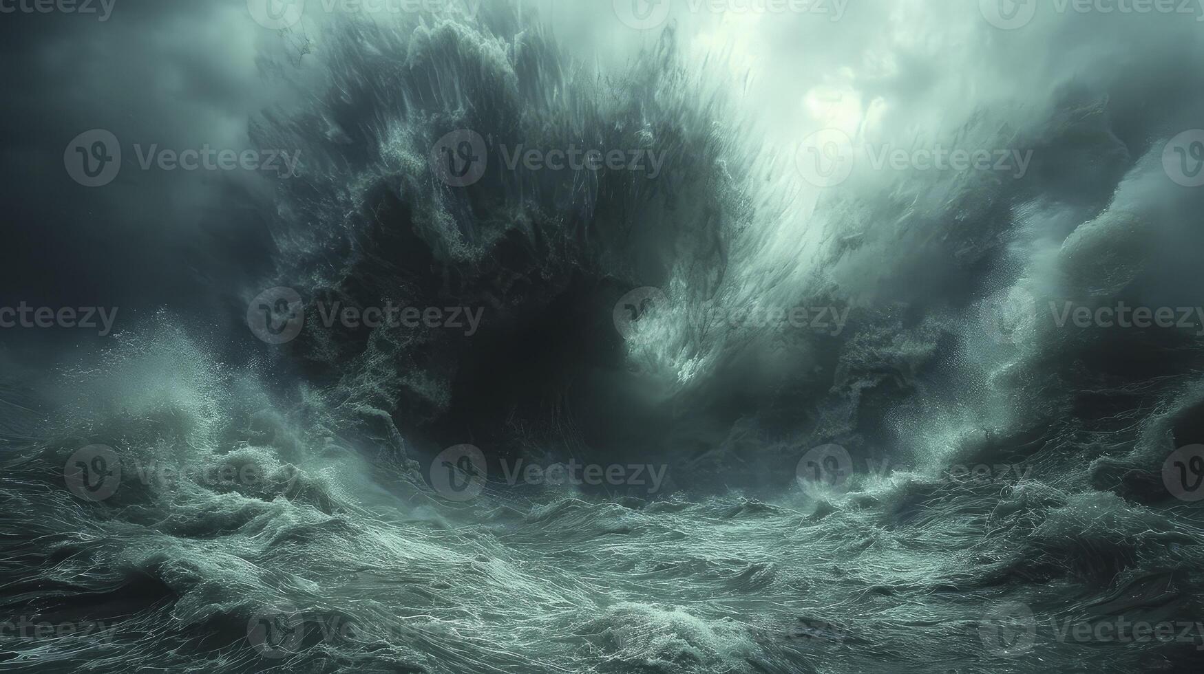 AI generated a dramatic atmosphere with a tornado storm in the ocean accompanied by high waves hitting the shore. photo