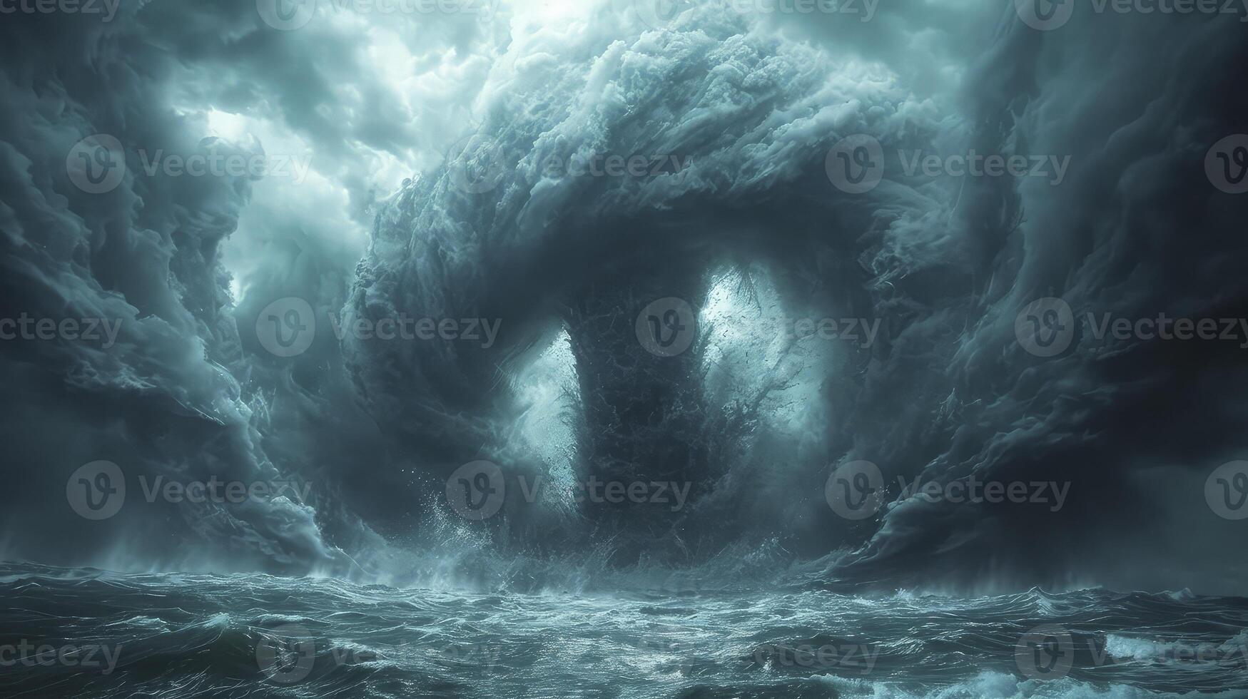 AI generated a tornado storm in the middle of the open ocean, with tornadoes appearing over the water. hypermaximalist, photo