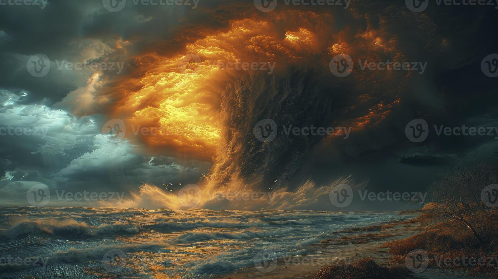 AI generated a tornado storm in the middle of the open ocean, with tornadoes appearing over the water. hypermaximalist, photo