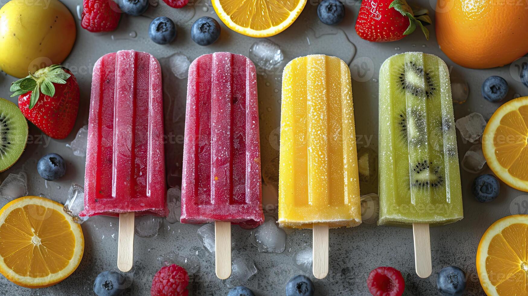 AI generated Fresh fruit popsicles on a white table. fruit popsicles, kiwi, strawberry, orange. Sweet desert background. photo