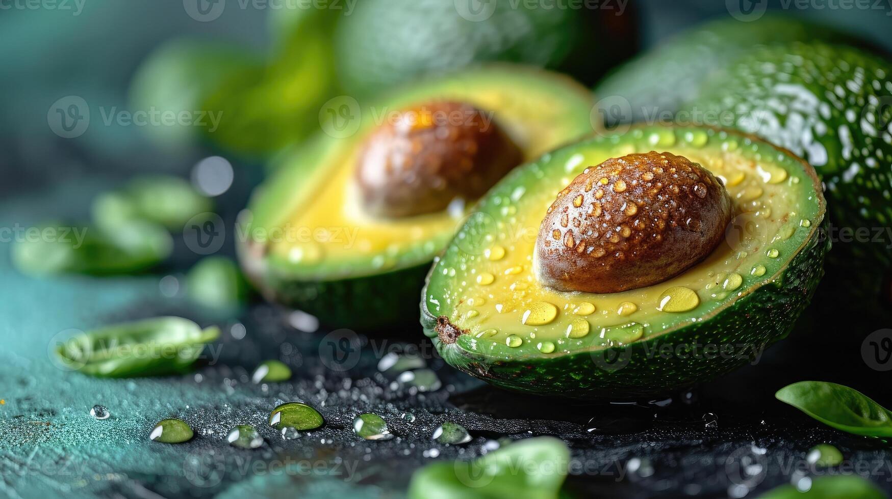 AI generated Beautiful cuts of avocado, a creative layout to emphasize the fruit's softness and deliciousness, a few drops of water. photo