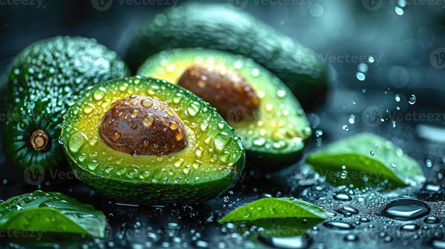 AI generated Beautiful cuts of avocado, a creative layout to emphasize the fruit's softness and deliciousness, a few drops of water. photo