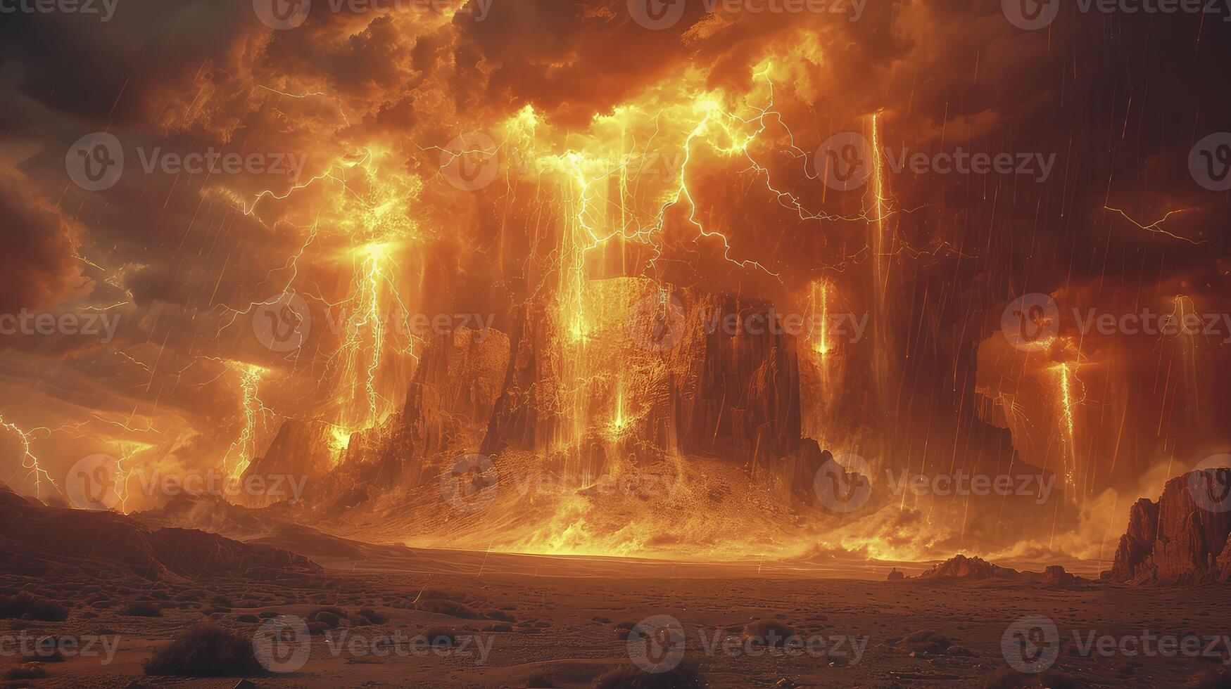 AI generated a dramatic atmosphere with sand tornadoes in the desert at night, illuminated by fiery lightning bolts. photo