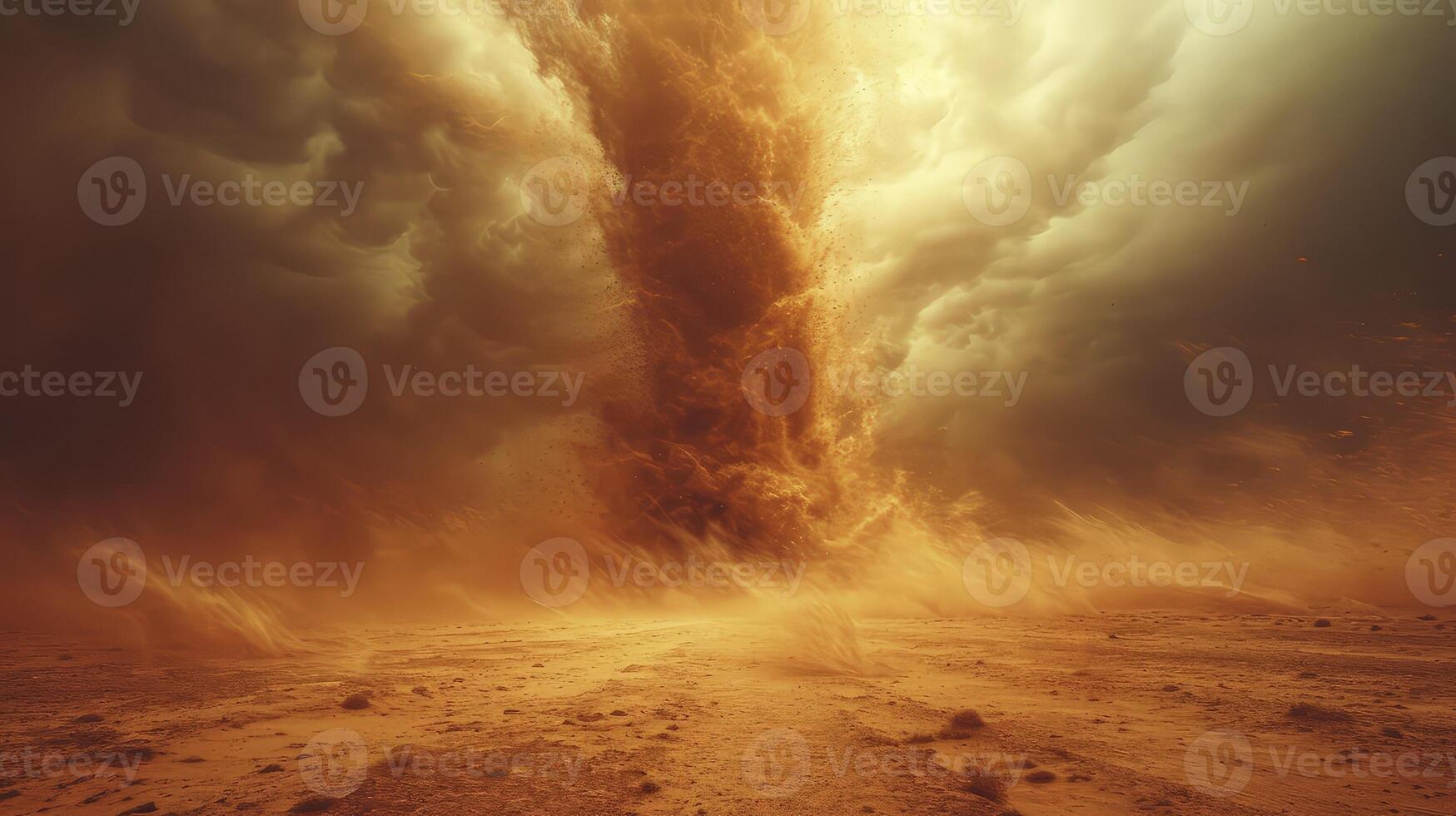 AI generated a sand tornado in the middle of a bright desert during the day, with sand passing through the air. photo