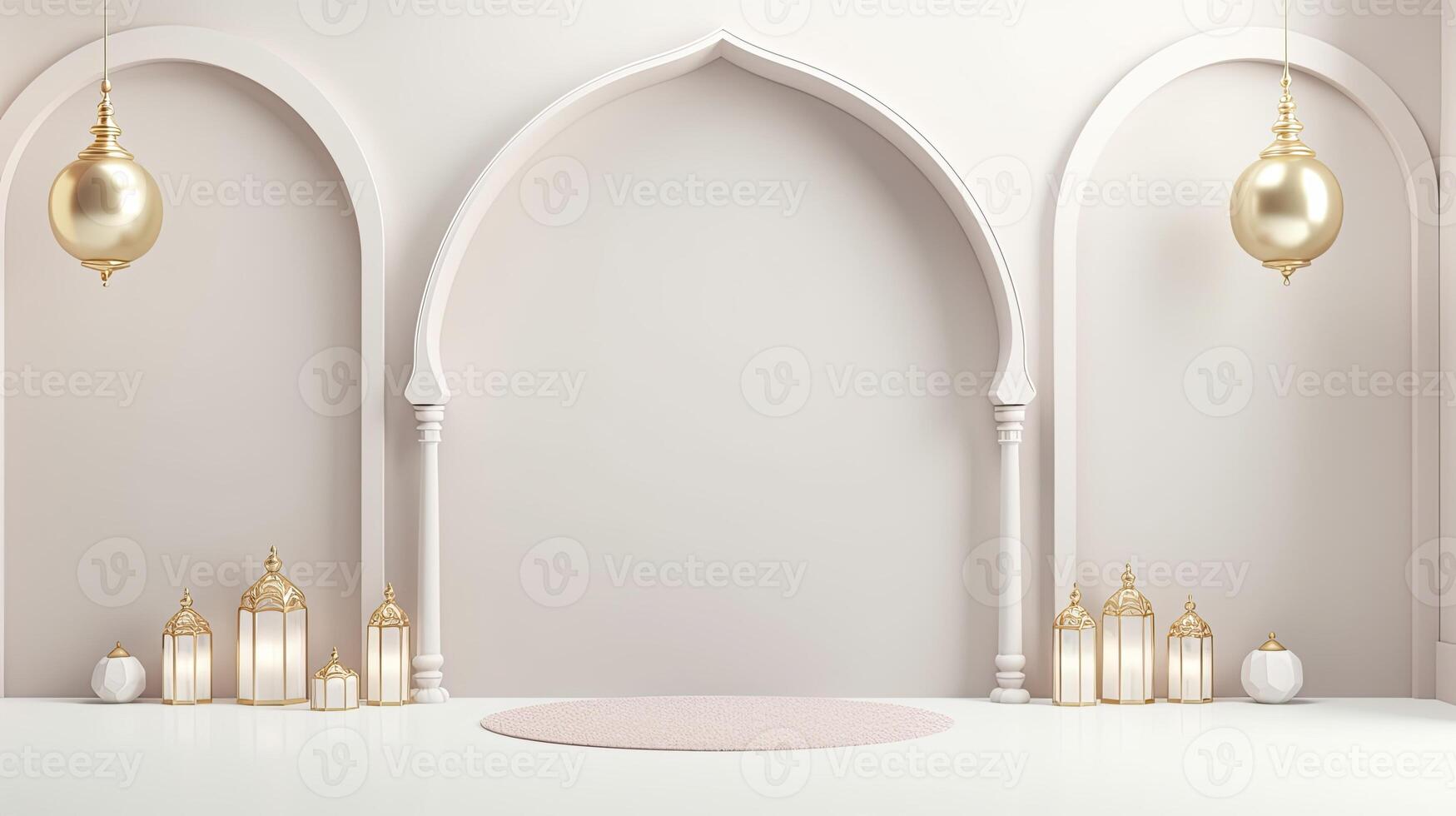 AI generated Ramadan background all white, gold accents. minimalism 3d rendering photo