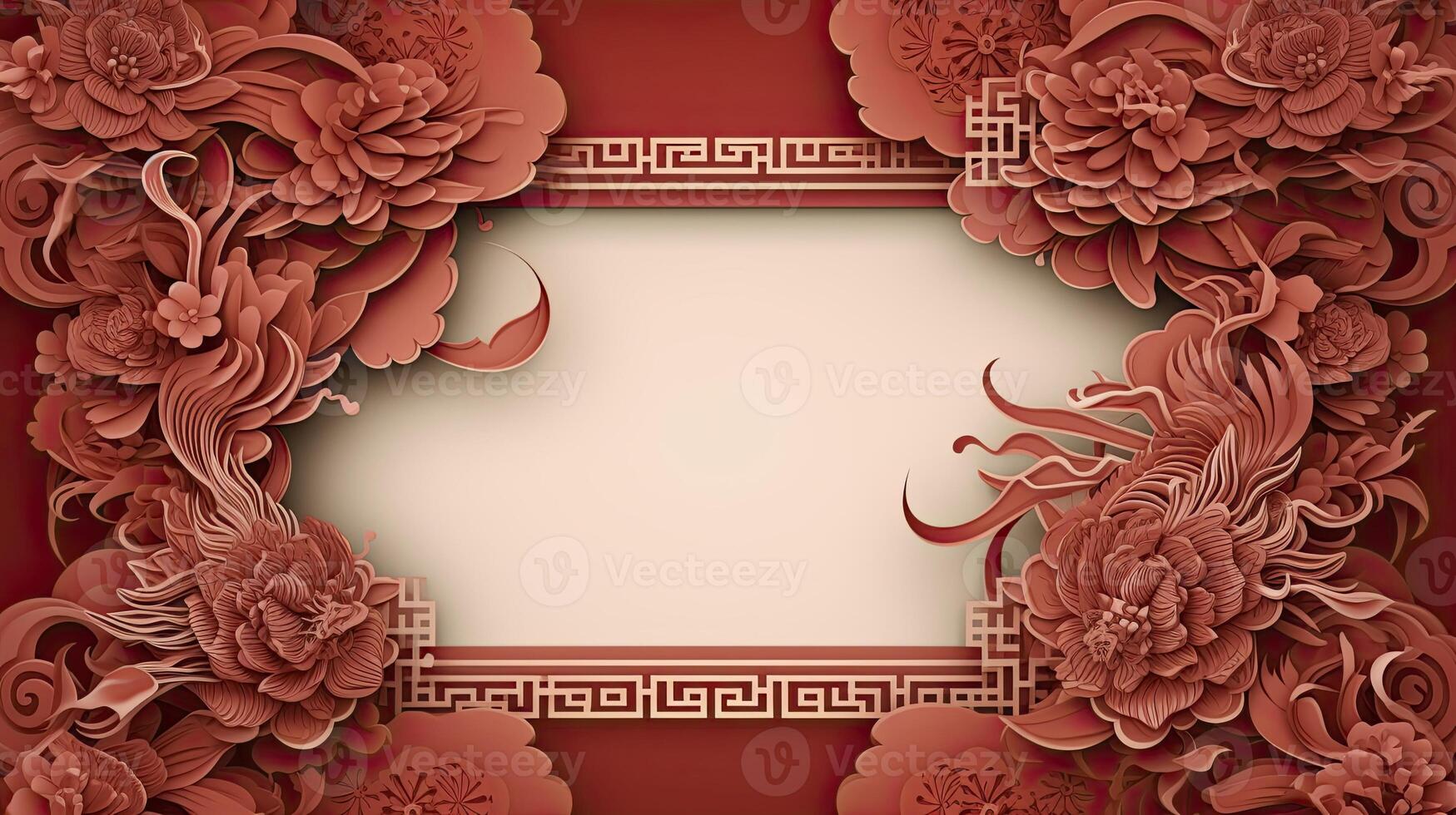AI generated Chinese New Year theme plain background with dragon sign, typical Chinese frames on each side. luxury style of paper cut art. photo