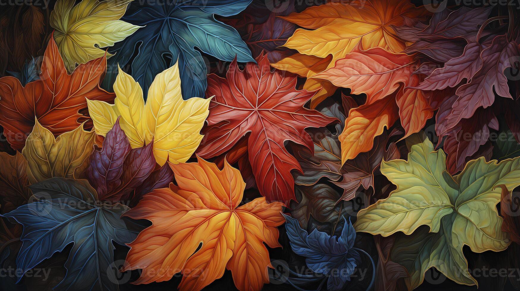 AI generated Multicolored fallen maple leaves, vibrant autumn panoramic background. photo