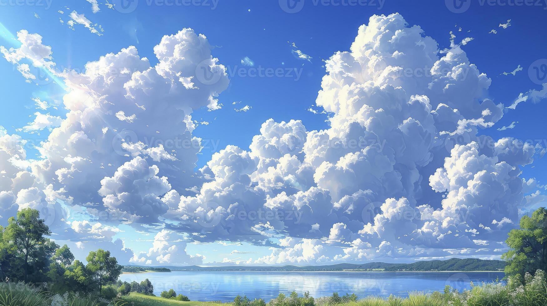 AI generated a view of a bright cloudy sky with a number of scattered Cumulus clouds, creating a different atmosphere. photo
