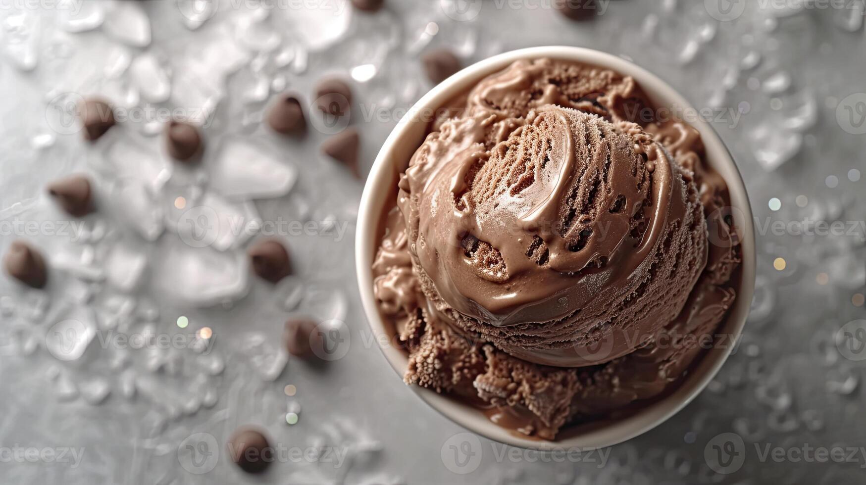 AI generated Delicious chocolate ice cream with ice cubes and choco chips, sweet dessert background. photo