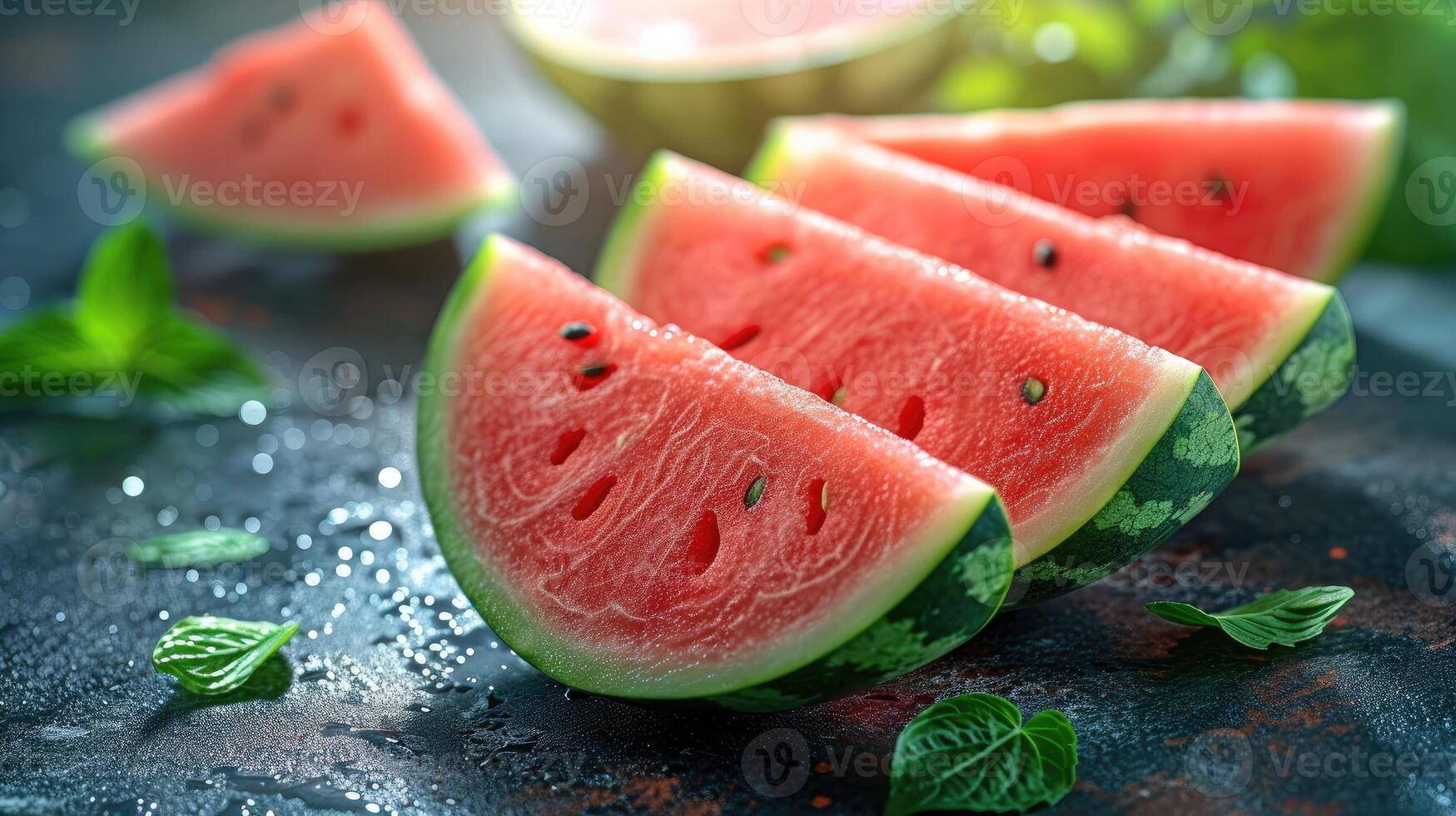 AI generated Slices watermelon with vibrant red and green hues, shot from an overhead perspective. photo