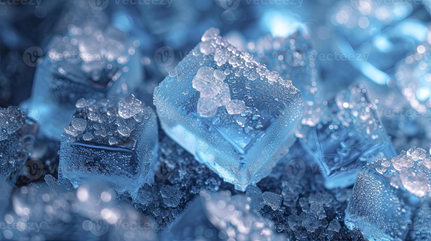 AI generated Close-Up view Sparkling Ice Cubes on the Table photo