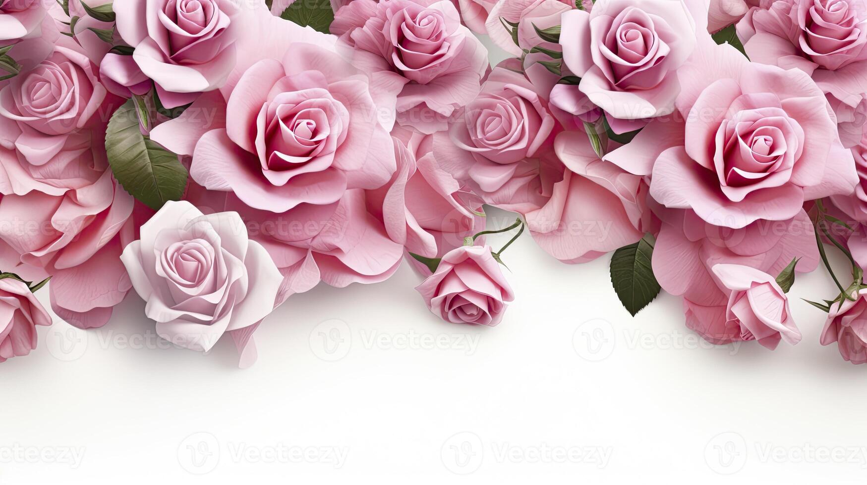 AI generated Decorative web banner. Close up of blooming pink roses flowers and petals isolated on white table background. Floral frame composition. Empty space, photorealistic, 3d rendering, photo