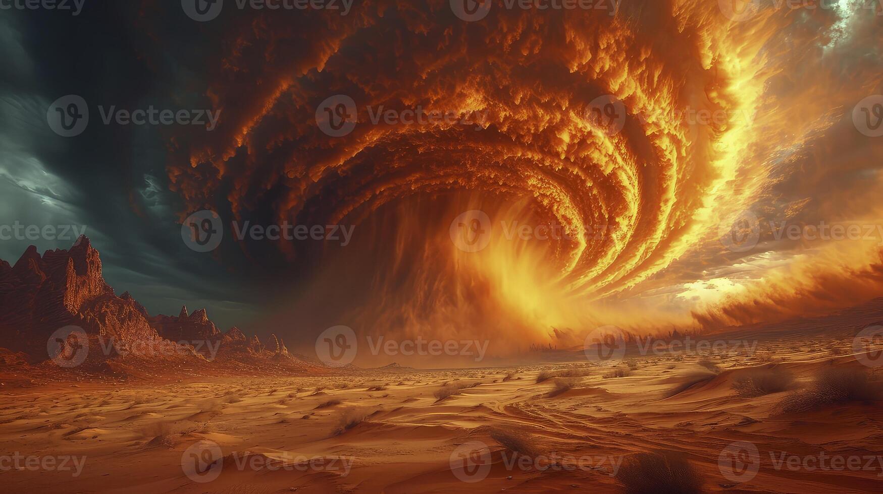 AI generated a sand tornado under a mass of Lenticular clouds that form a lenticular formation in the desert sky. photo