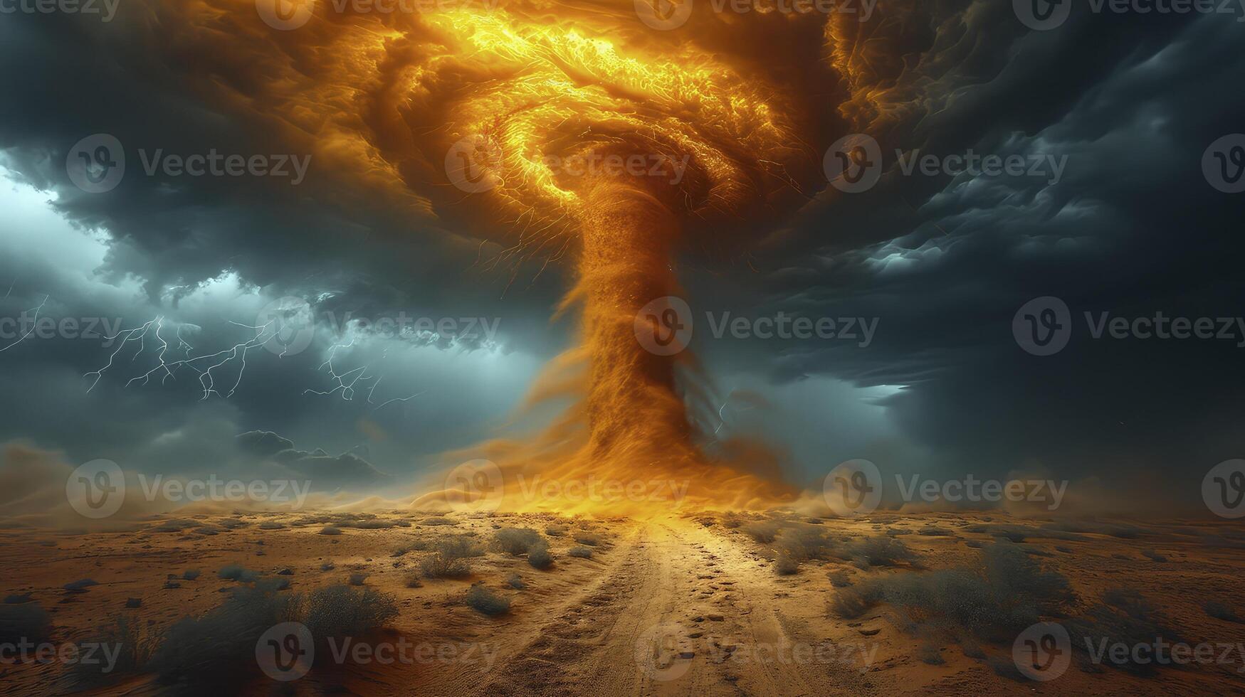 AI generated The sky was dark with thunder rumbling, as a sand tornado crossed the desert. photo