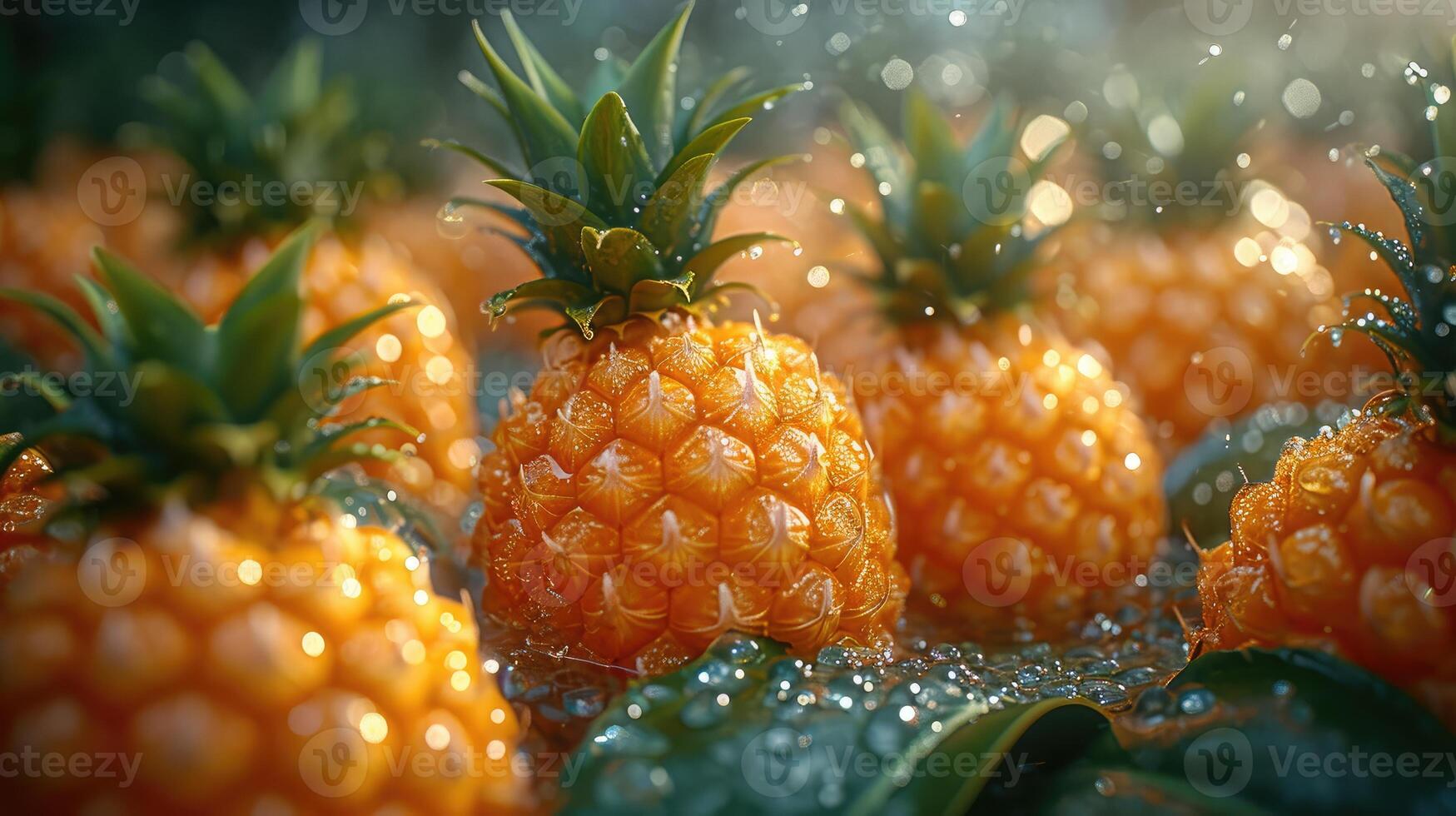 AI generated Tropical Pineapple Paradise - a background showcasing a tropical paradise with a pineapple, capturing the exotic and vibrant essence of the fruit wet with water droplet. photo