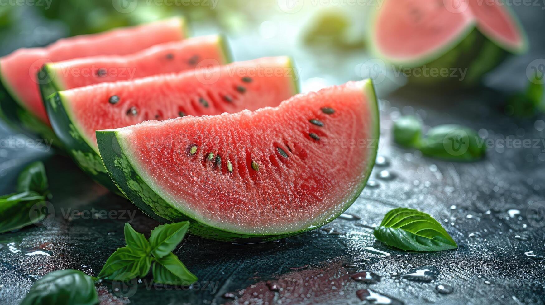 AI generated Slices watermelon with vibrant red and green hues, shot from an overhead perspective. photo