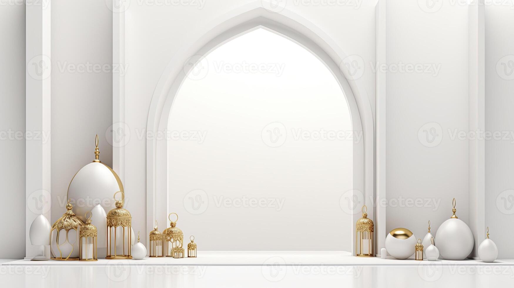 AI generated Ramadan background all white, gold accents. minimalism 3d rendering photo