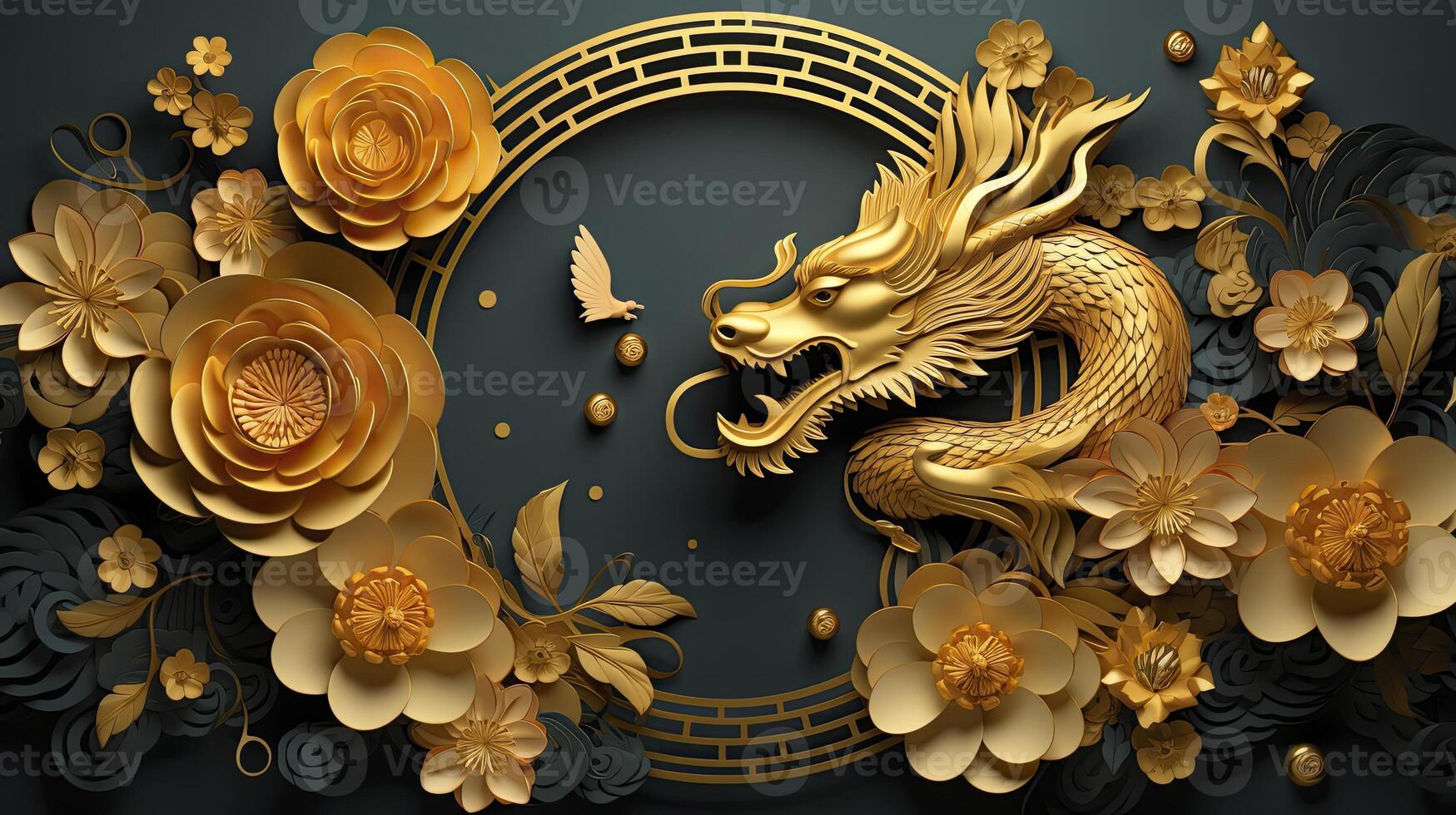 AI generated Happy chinese new year 2024 the dragon zodiac sign with flower,lantern,asian elements gold paper cut style on color background. luxury style. copy space. photo